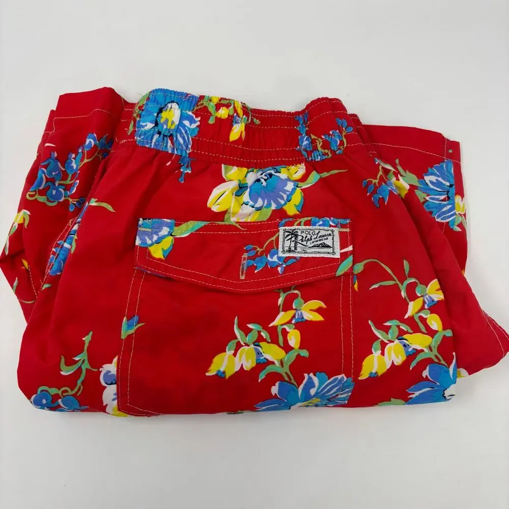 Polo Ralph Lauren Mens Large Red Floral Pattern Stretch Waist Swim Trunks